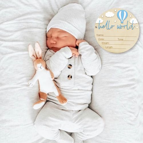 Wooden Baby Birth Announcement Sign - Hello World Newborn Keepsake