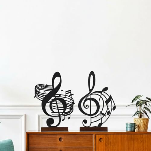 2 Pcs Metal Music Note Sculpture with Wood Stand for Home Office Decor