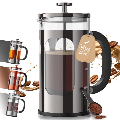 French Press Coffee Maker 34 oz - Plastic-Free Glass & Stainless Steel