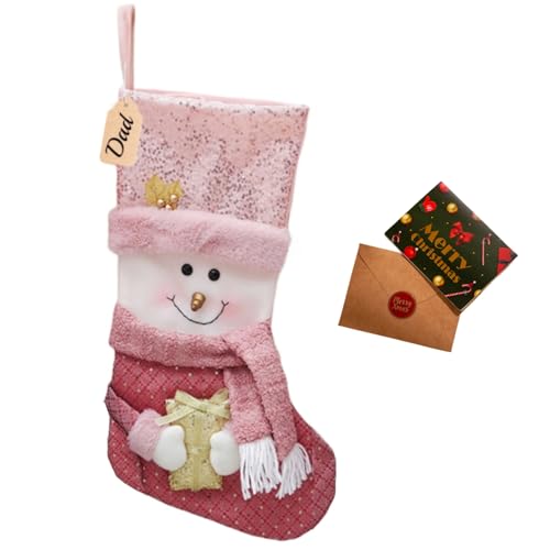 Pink Christmas Stockings with Gold Sequins & 3D Holiday Characters - 1 Pack Snowman, Santa, Reindeer, Personalized 20" Decor