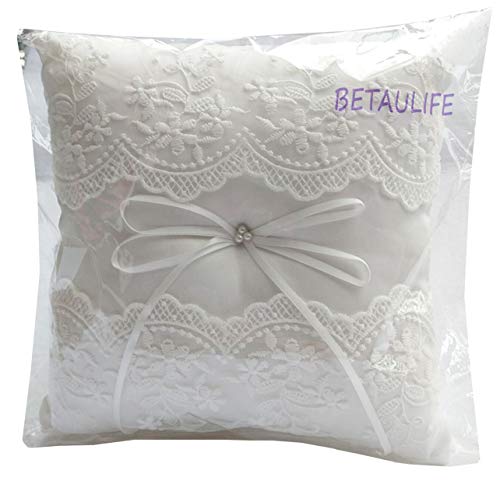 Ivory Wedding Ring Bearer Pillow with Lace and Pearl Detail 8.26 Inch