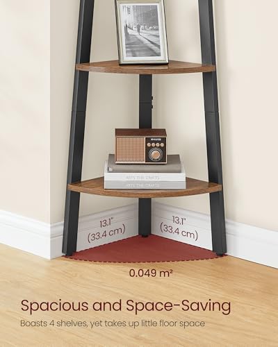 4-Tier Industrial Corner Shelf, Rustic Brown Wood and Metal Ladder Bookshelf