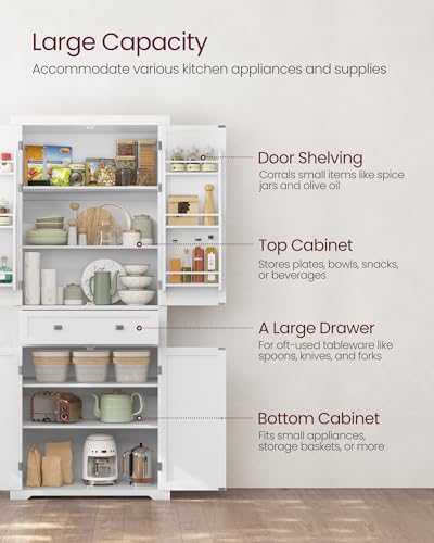 Freestanding Tall Kitchen Pantry Cabinet with Drawer & Door Shelves - White