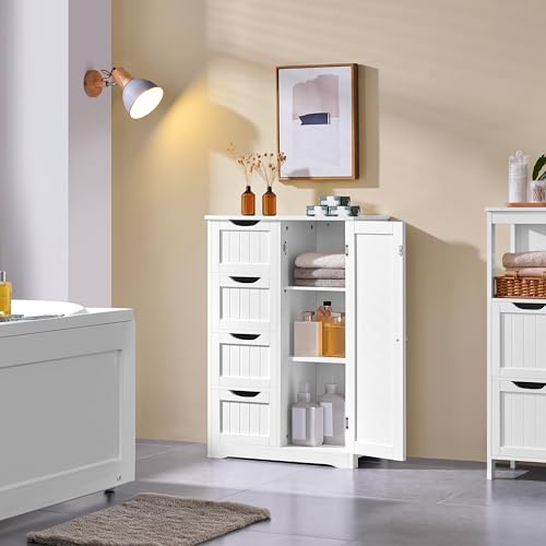 White Bathroom Floor Storage Cabinet with 4 Drawers & Adjustable Shelf