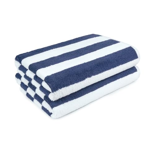 Cabana Stripe Beach Towel Set, 100% Cotton, 30 x 60 Inch, Navy Blue, 2-Pack