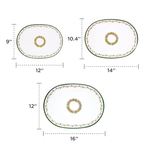 Oval Christmas Serving Tray Set of 3 Melamine Platters for Snacks Cookies Candy - Green & White