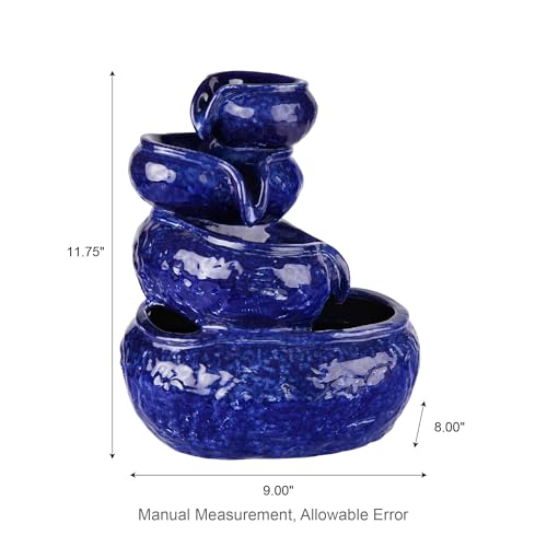 4-Tier Ceramic Tabletop Water Fountain, Cobalt Blue Cascading Indoor Decor