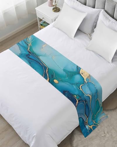 Teal & Gold Marble Bed Runner Scarf - Modern Cal King Decor (102"x20")