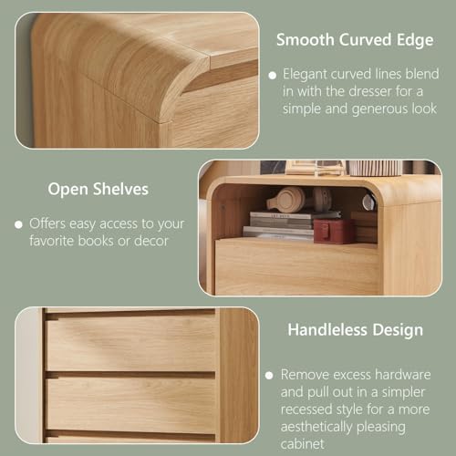 Modern Curved Wood Nightstand with 2 Drawers and Charging Station