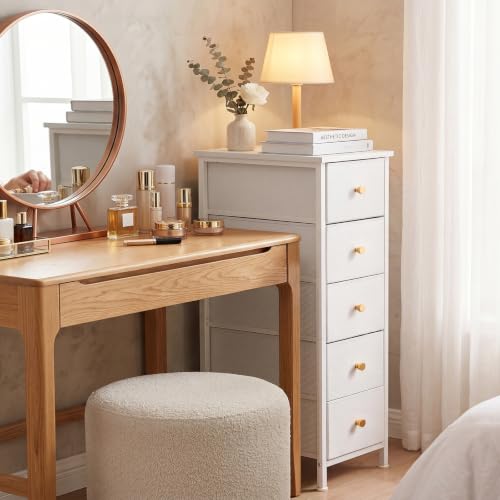 Fixwal White Narrow Storage Cabinet with 5 Fabric Drawers, 16.5"D x 9.5"W x 36.6"H Slim Dresser