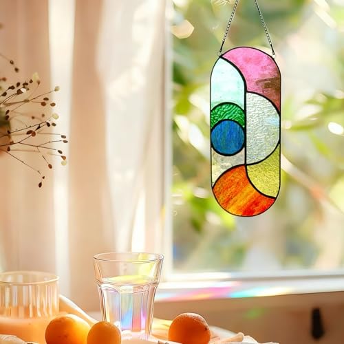 Handmade Stained Glass Suncatcher Panel - Geometric Design, 4.5" x 11"