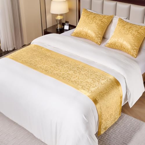 Gold Satin King Size Bed Runner - Luxury Jacquard Bed Scarf (50x240cm)