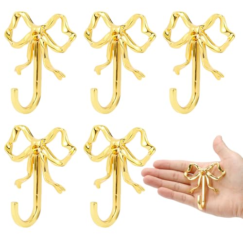 5-Pack Decorative Gold Bow Wall Hooks - Metal Towel & Coat Hangers