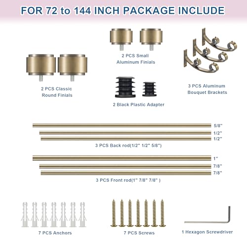 Adjustable Double Curtain Rod 72-144 Inch Gold with Bouquet Brackets