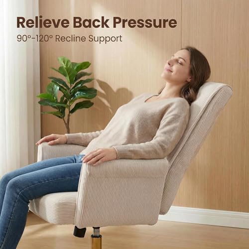 Cream Velvet Home Office Chair, Adjustable Swivel Task Chair with Armrests