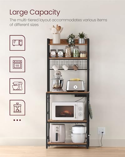 Industrial Bakers Rack with Power Outlet, Kitchen Microwave Storage Shelf