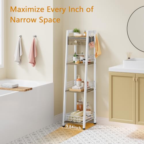 3-Tier Narrow Bathroom Ladder Shelf with Storage Drawer and Hooks, White