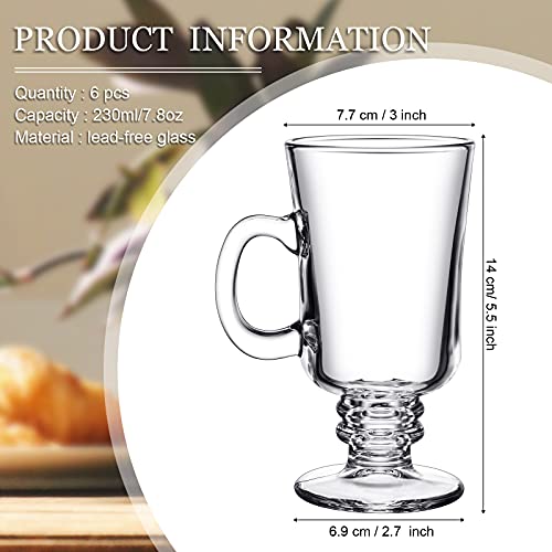 Patelai 6-Pack Irish Coffee Mugs 8oz Clear Glass Cups with Handle for Hot & Cold Beverages