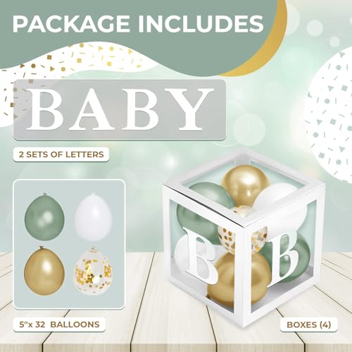 Sage Green Baby Shower Decorations - 44-Piece Block Box Set with Balloons