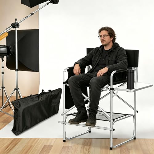 Tall Foldable Makeup Director Chair with Side Table and Storage Bag