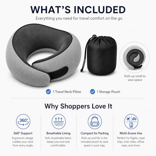 Memory Foam Travel Neck Pillow with Chin Support & Washable Cover