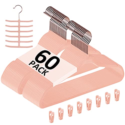VECELO Premium Velvet Suit Heavy Duty-Non Slip & Space-Saving Clothes Hangers with 8 Finger Clips and Tie Rack for Men and Women (60 Pack), Pink