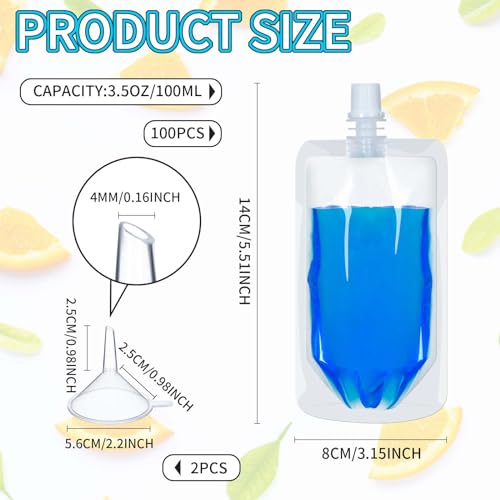 Meanplan 100 Pcs Plastic Squeeze Pouches 3.5 Oz with Straight Mouth & Funnels