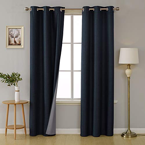 Deconovo 100% Blackout Curtains with 3 Pass, Energy Efficient Thermal Insulated Coating Bedroom Curtains, Faux Linen Room Darkening Curtains for Living Room (Navy Blue, 42x84 Inch, 2 Panels)