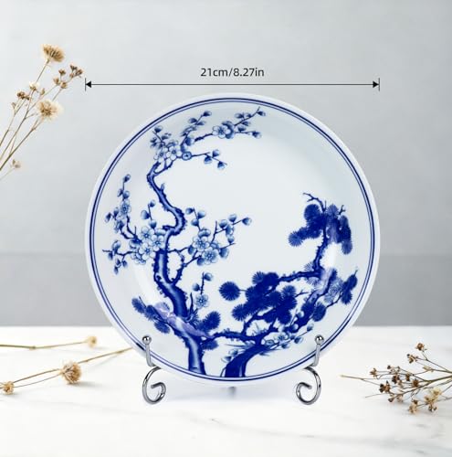 8-Inch Blue and White Ceramic Decorative Plate with Display Stand
