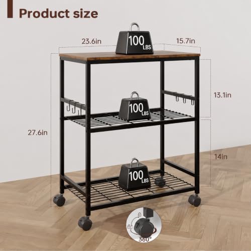 3-Tier Kitchen Rolling Cart, Microwave Stand with Lockable Wheels, Brown