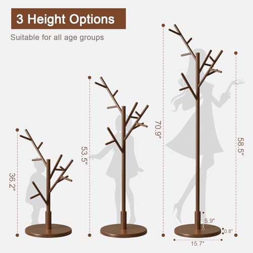 Solid Wood Freestanding Coat Rack with 12 Hooks, Adjustable Height Coat Tree
