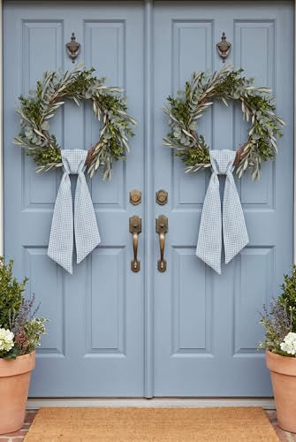 Indigo Blue White Plaid Wreath Sash 2 Pack for Front Door Decor