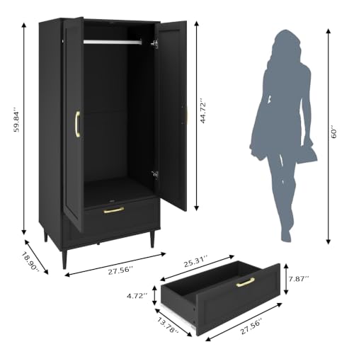 Modern 2-Door Bedroom Wardrobe with Hanging Rod and Drawer, 60-Inch Black