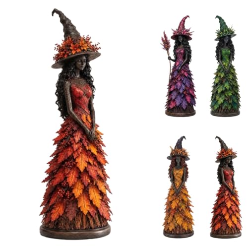 Autumn Witch Figurine - Fall Halloween Resin Tabletop Statue, Saffron