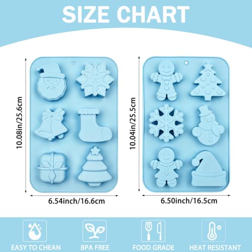 Vrthske 6-Cavity Christmas Silicone Molds Set of 2, Light Blue R0306 - Santa, Snowflake & Gingerbread
