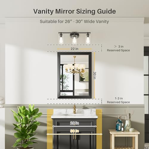 22x30 Inch Black Metal Framed Wall Mirror, Shatter-Proof Bathroom Vanity