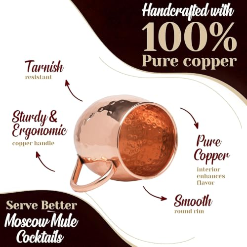 Advanced Mixology Copper Moscow Mule Mug Set of 4 - 19 oz Hand-Hammered Cocktail Cups with Reusable Straws, Jigger & Coasters