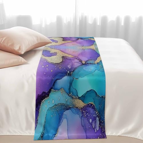 Purple Gold Marble Satin Bed Runner for King Size Bed (94x20 Inch)