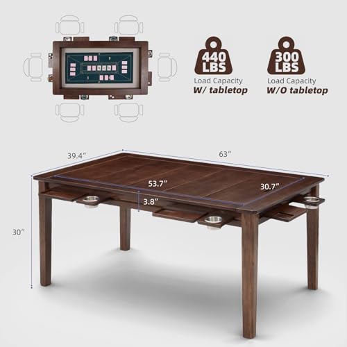 Solid Wood Gaming Table with Removable Dining Top - 54" x 31" Game Space
