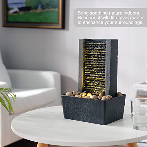 Modern Tabletop Water Fountain with Warm LED Light & Natural River Rocks