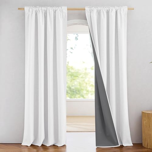 100% Blackout Linen Curtains - Greyish White, 90" Long, Thermal Insulated Drapes (1 Pair, 52" Width Each)