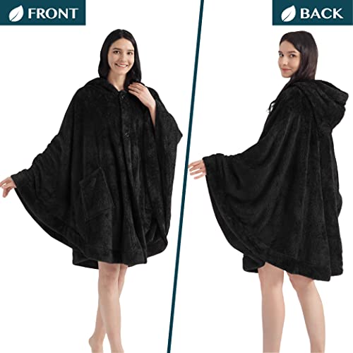 Sherpa Wearable Hooded Blanket Poncho with Pockets - Soft Fuzzy Wrap