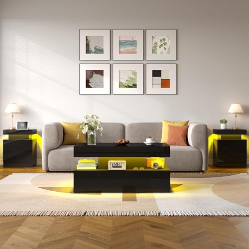 3-Piece Modern Coffee Table Set with LED Lights, Storage, and Charging