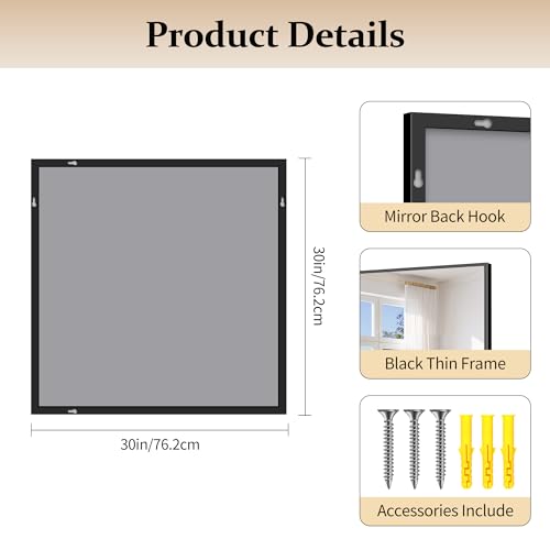 30x30 Inch Black Metal Wall Mirror, Rectangular Modern Vanity Mirror