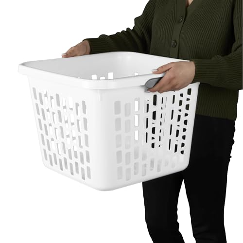 1.5 Bushel Square Plastic Laundry Basket with Comfort Grip Handles, White