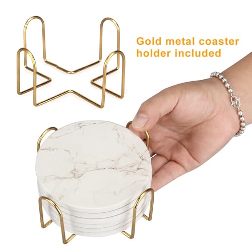 White Marble Coasters Set of 6 with Cork Non-Slip Bottom and Gold Holder - Absorbent Ceramic Drink Coasters