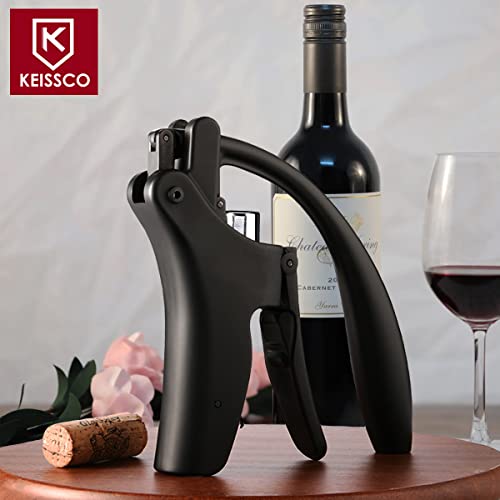 KEISSCO Vertical Lever Corkscrew Wine Opener with Foil Cutter & Extra Screw
