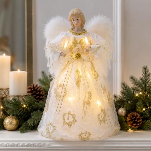 Vertintong Cute Style 16-Inch Lighted Angel Christmas Tree Topper - White Angel Decor