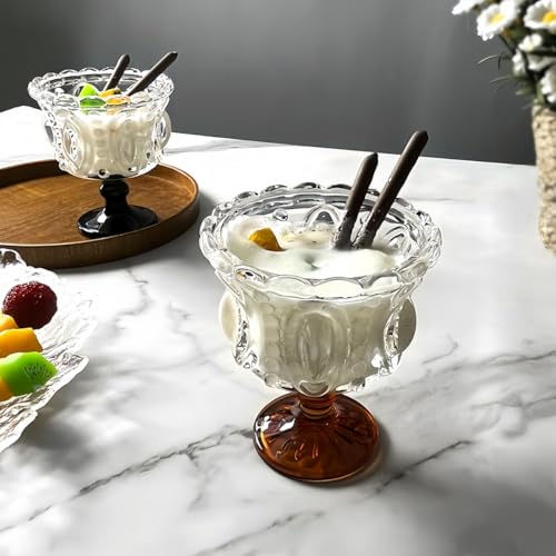 Vintage Embossed Footed Dessert Cups, Set of 2 Elegant Glass Goblets