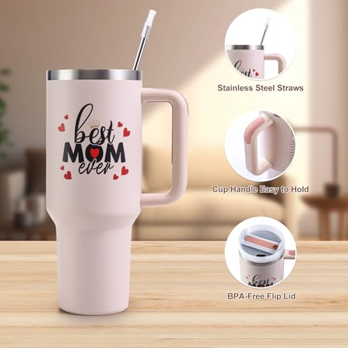 Best Mom Ever Tumbler 40oz with Handle, Lids & Straws - Gift for Mom